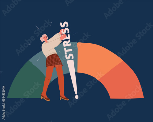 Cartoon vector illustration of a woman pulling back a stress gauge, symbolizing overcoming fears, regaining control, and inner strength