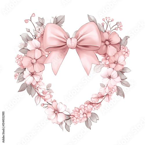 Elegant heart shape floral wreath adorned with a pastel pink ribbon on transparent background vector