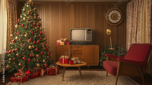 Presents surround a decorated Christmas tree with a retro television inside a vintage living room