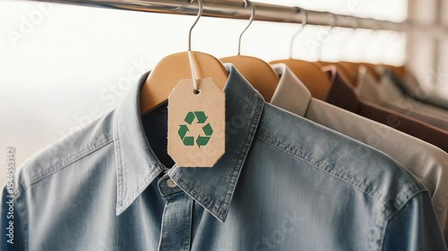 Sustainable fashion concept shirts on hangers with a recycle tag
