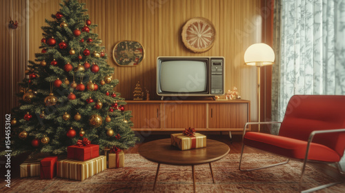 Retro living room shows gifts near Christmas tree and vintage television set