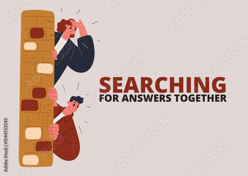 Cartoon vector illustration of two people trying to communicate through a wall, symbolizing miscommunication, curiosity, and social barriers