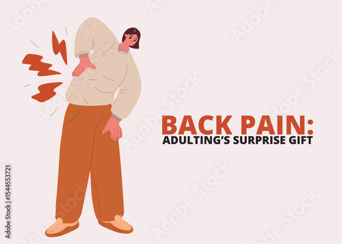 Cartoon vector illustration of a woman holding her back, symbolizing body awareness, posture care, and wellness
