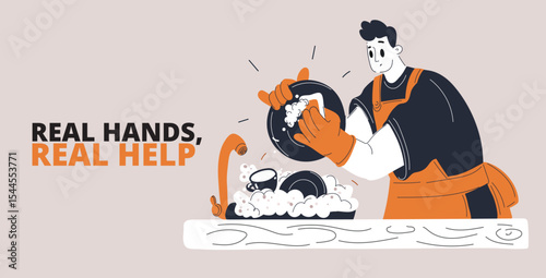 Vector illustration of a man washing dishes at work, symbolizing dedication, perseverance, and team support
