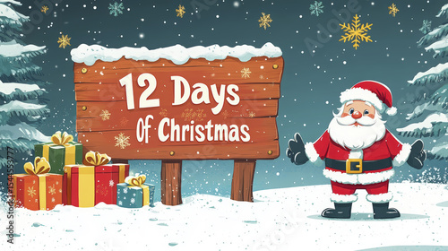 Santa stands beside a sign reading twelve days of Christmas with presents and snow