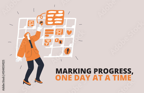 Vector illustration of a woman confidently pointing at her monthly planner, symbolizing self-discipline, goal setting, and life management