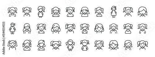 Pigtail Girl Avatar Icons – Cute Line Art Faces & Kids in Dresses