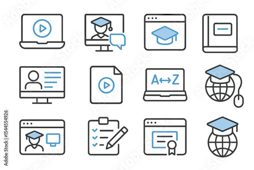 Online education icons set with graduation cap, laptop, and certification elements