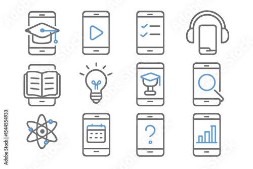 Digital learning icons with mobile devices and symbols on dark background