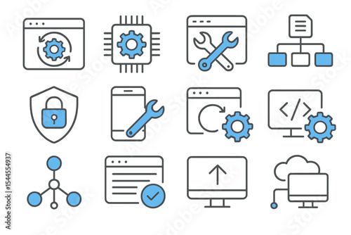 Technology icons set featuring tools and gears for web development