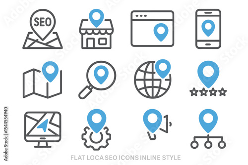 Set of various local seo icons with blue location pins for digital marketing