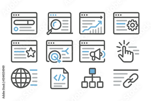Web development icons: search, analytics, coding, network, optimization