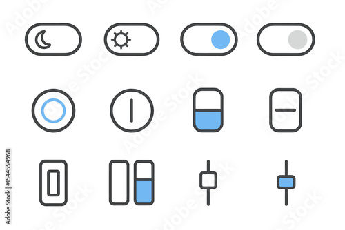 Minimalist blue and gray ui toggle switches and sliders on dark background