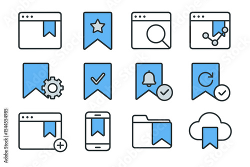 Bookmark and user interface icons featuring web, mobile, and cloud elements