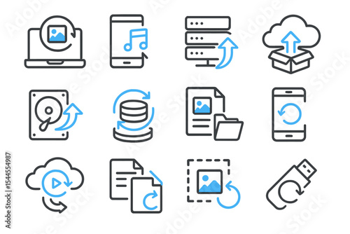 Glowing file sharing icons on dark background
