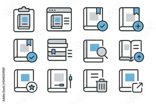 Digital library interface icons with book, document, and bookmark elements