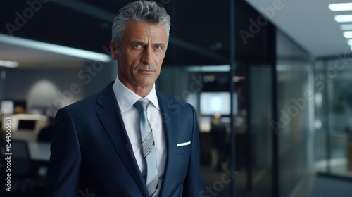 senior businessman ceo standing in office lobby. Mature business man wearing suit formal wear, Looks confidently at the camera.