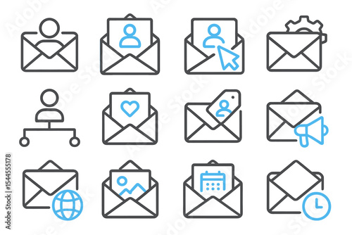 Glowing blue email icons with various symbols on dark background