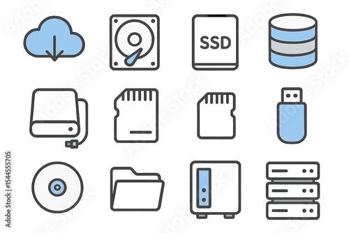 Technology icons set featuring cloud, hard drive, ssd, usb, and more