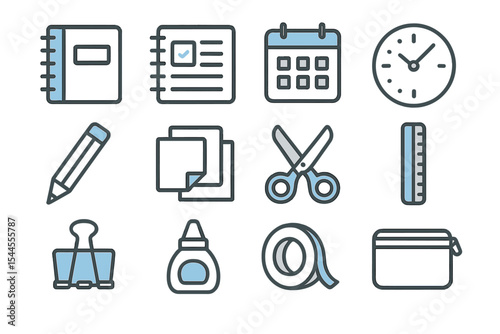 Office supplies icons set with notebook, calendar, clock, and tools