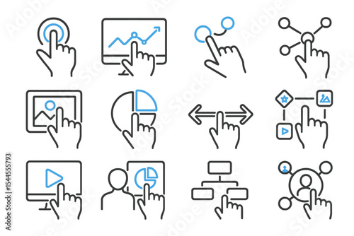 Futuristic touchscreen interface icons with hand gestures