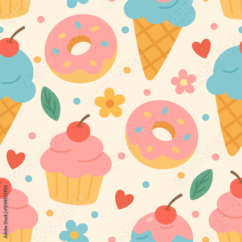 Dessert food seamless pattern with cute cupcakes, donut, ice cream.