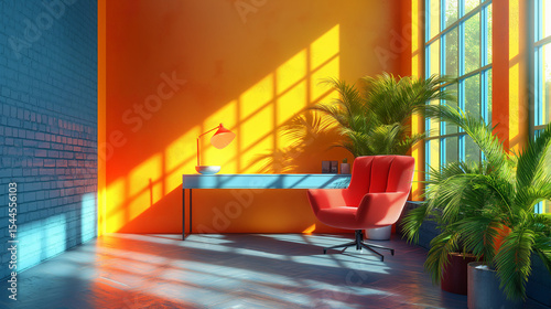 Golden Hour Office Glow. Mid-century styled workspace bathed in warm sunlight. Ideal for interior design features and creative lifestyle content.

