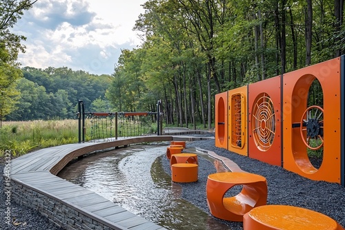 Shot of outdoor exploration area oversized sensory wall featuring element like moving wheel shape texture interactive nature station such water flow system where toddler can learn about natural