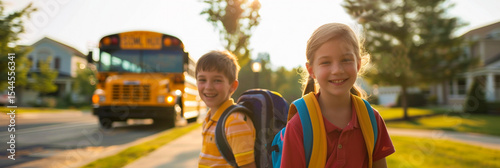Siblings waiting for the school bus with colorful backpacks on a bright suburban morning