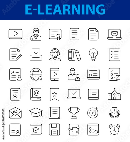 A modern and minimal set of 50 E-learning and online education vector line icons. Includes laptop, video lecture, online test, graduation cap, certificate, student avatar, mobile learning, e-book, hea