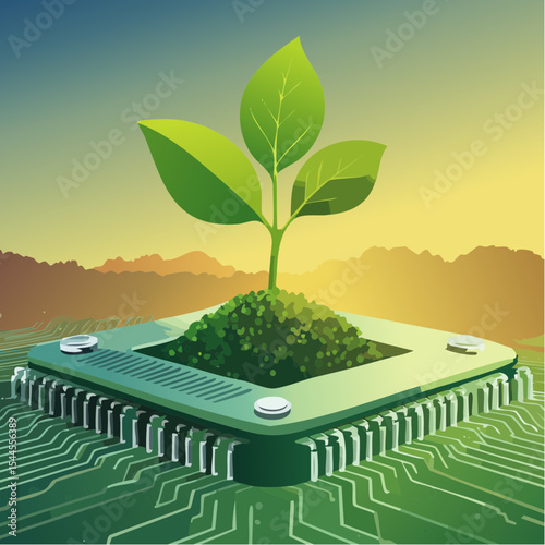 A small green plant grows from a microchip, symbolizing the fusion of nature and technology