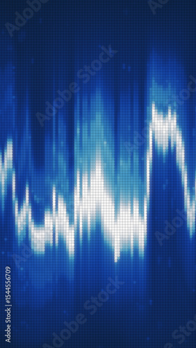 Abstract blue audio waveform pattern composed of pixelated vertical light bars on a digital background