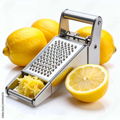 Bright lemons and a grater showcase citrus preparation on a clean backdrop on white background photo