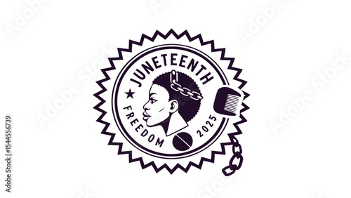 "Juneteenth Freedom Day 2025 Badge Emblem with Shackles, Afro Pick, and Stars | Round Vector Icon Design"