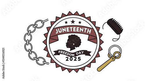 "Juneteenth Freedom Day 2025 Badge Emblem with Shackles, Afro Pick, and Stars | Round Vector Icon Design"