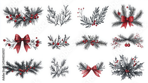 Twelve watercolor Christmas botanical arrangements showcase festive foliage, berries, and red bows on white