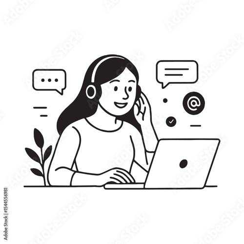 Female support agent with headset working online in simple line illustration
