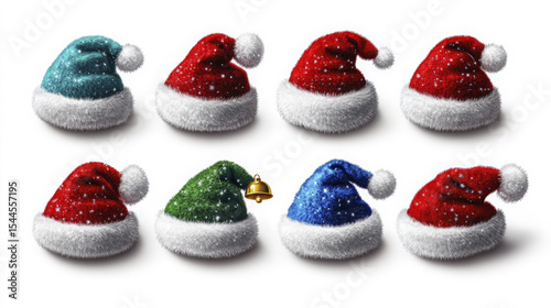 Vivid assortment of Santa Claus hats creates a festive and cheerful holiday isolated on white