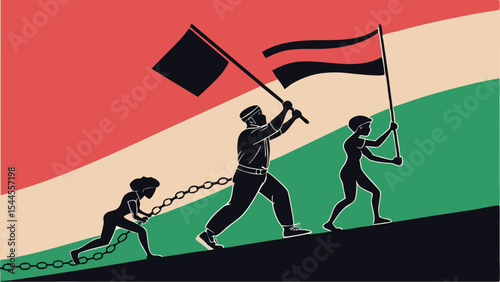 "Silhouettes Marching with Flags and Banners | Chain Breaking Juneteenth Scene on Red Green Black Gradient"

