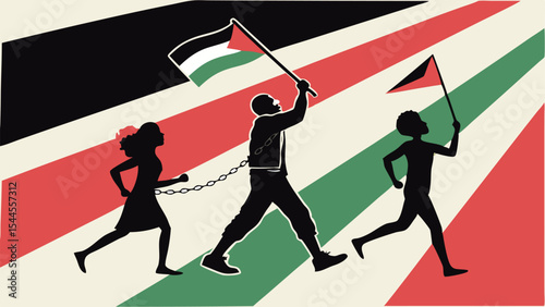 "Silhouettes Marching with Flags and Banners | Chain Breaking Juneteenth Scene on Red Green Black Gradient"

