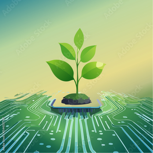 A small green plant grows from a microchip, symbolizing the fusion of nature and technology