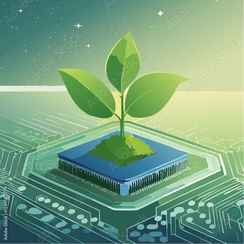A small green plant grows from a microchip, symbolizing the fusion of nature and technology