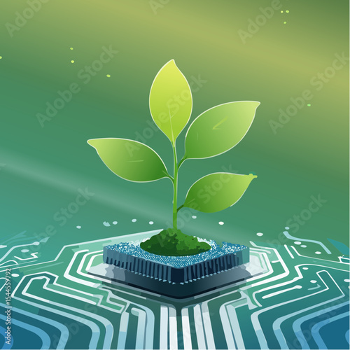 A small green plant grows from a microchip, symbolizing the fusion of nature and technology