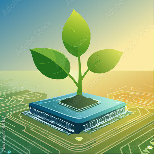 A small green plant grows from a microchip, symbolizing the fusion of nature and technology
