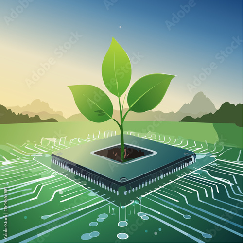 A small green plant grows from a microchip, symbolizing the fusion of nature and technology