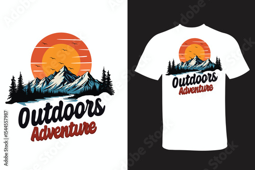 Outdoors Adventure T-Shirt Design with Mountains, Sun, and Evergreen Trees in a Retro Style Graphic