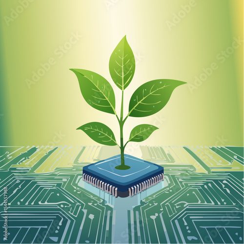 A small green plant grows from a microchip, symbolizing the fusion of nature and technology