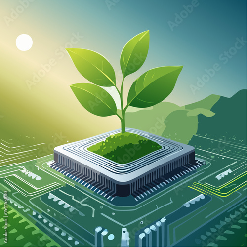 A small green plant grows from a microchip, symbolizing the fusion of nature and technology