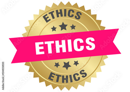 ethics. ethics round pink and gold label isolated on transparent background