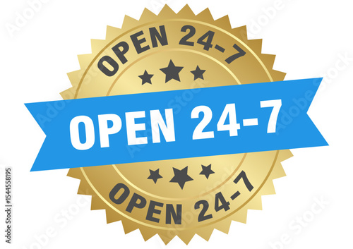 open 24 7. open 24 7 round blue and gold label isolated on transparent background